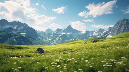 Wall Mural - At the top of the mountain range, there is a green meadow that is filled with beauty.