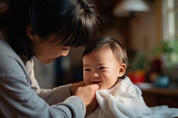 A loving mother and an adorable baby share a tender moment of care and affection at home.