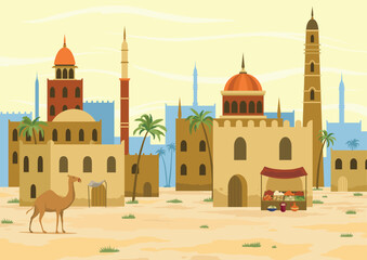 Wall Mural - Middle east. Arabic desert landscape with traditional mud brick houses. Ancient building on background. Flat vector illustration