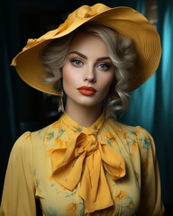 Wall Mural - A fashionable woman with a bright yellow hat transforms her indoor portrait into a vibrant and bold statement, exuding confidence and flair through her stylish clothing and headgear