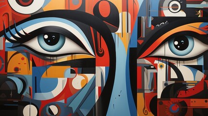 Wall Mural - A stunning illustration of a woman's face, painted with vibrant colors and bold strokes, evoking a sense of raw emotion and free-spiritedness through its graffiti-inspired graphics