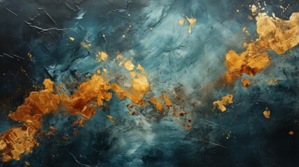 Wall Mural - An ethereal masterpiece of swirling blues and radiant golds, this abstract painting evokes a sense of fluid movement and wild emotion within the realm of art
