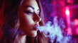 Girl blows smoke. Woman smokes a vaping device. Vaper face close up. Concept - sale of accessories for vaping