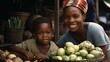 An African seller, parent and offspring, vending onions, cabbage, and tomatoes.