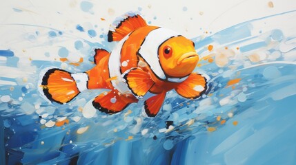 Wall Mural - a vibrant and whimsical portrayal of a clownfish, its orange and white stripes and curious expression depicted in playful colors on a clean white surface, reflecting the charm of these reef dwellers.