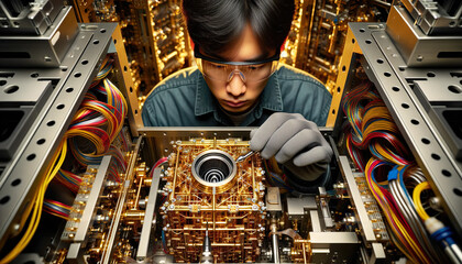 Technician working on a quantum computer .Quantum computing utilizes quantum mechanics to solve complex problems faster than on classical computers.man working on a quantum computer