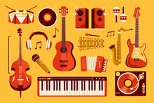 Hand Drawn Music Original Collection With Musical Instrument On Yellow Background