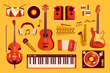 Hand drawn music original collection with musical instrument on yellow background