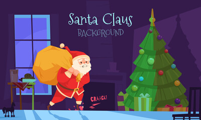 Wall Mural - Christmas background with cartoon Santa Claus leaving presents on a christmas tree