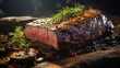 Closeup view of roasted beef brisket flat steak on a plate. Generative AI