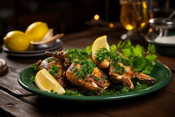 An Appetizing Display of Traditional French Frogs' Legs, Garnished with Fresh Lemon and Parsley