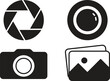 A small set of icons. Aperture, lens, camera, photos.