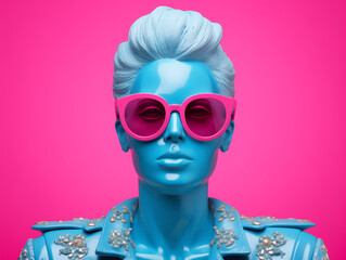 Wall Mural - A retro, futuristic bust of a blue-skinned model wearing pink sunglasses against a bold pink background. Pop culture meets high fashion in neon-inspired art.