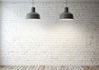 Retro interior room with white brick wall and white wooden floor and spotlights