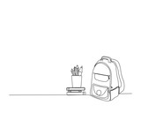 Fototapeta  - Continuous one line drawing of school bag and books. Stationery outline vector illustration. Back to school and education concept. Editable stroke.