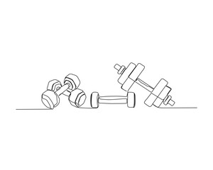 Wall Mural - Continuous one line drawing of dumbbell - fitness equipment. Kettlebell ,and dumbbell outline vector illustration.