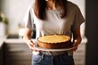 woman presenting her freshly baked cheesecake