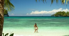 Beach Peace Sign, Tropical And Back Of Woman Relax, Paradise And Outdoor Wellness On Island Vacation Holiday. Emoji V Sign, Sea Waves And Bikini Girl On Ocean Adventure, Nature Or Bahamas Travel Trip