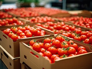 Wall Mural - a row of neatly packed cardboard boxes with tomatoes