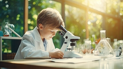 Wall Mural - A little boy who dreams of being a scientist is doing a science experiment.