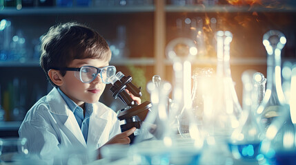 Wall Mural - A little boy who dreams of being a scientist is doing a science experiment.