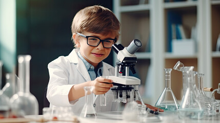 Wall Mural - A little boy who dreams of being a scientist is doing a science experiment.