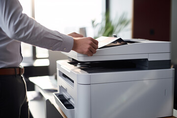 Businessman print paper on a multifunction laser printer in business office. Document and paperwork. Secretary work. Copy, print, scan, and fax machine. Print technology. Photocopy.