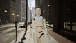 © zayatssv - female robot walking along a street in a big city. humanoid AI robot crossing street. 3d render. future automation job.