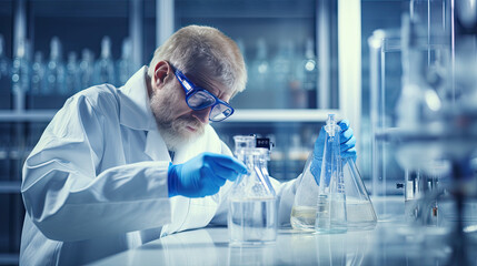 Wall Mural - An old man who is a scientific experimenter is doing a chemical experiment in the laboratory.