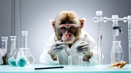 Wall Mural - Little monkey wants to be a scientist, doing science experiments.