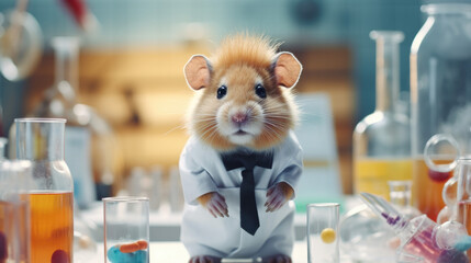 Wall Mural - little hamster Doing science experiments with test tubes and beakers in the laboratory.