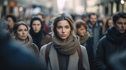 Wall Mural - portrait of a woman in a blurred crowd of people