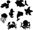Collection of sea animals. Turtle, shark, jellyfish, seahorse, dolphin, starfish, crab, octopus. Cartoon. Silhouette. 