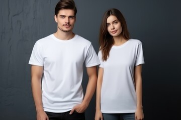 White Woman And Man Wearing Blank White Tshirts Mockup