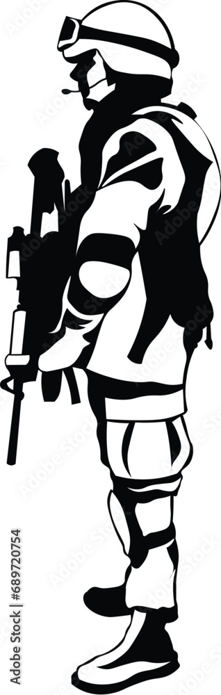 Cartoon Black and White Isolated Illustration Vector Of A Military ...