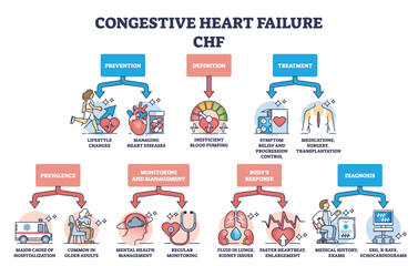 Poster - Key aspects of congestive heart failure or CHF explanation outline diagram. Labeled educational scheme with stroke prevention, treatment and diagnostics vector illustration. Cardiovascular disease.