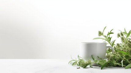 Canvas Print - a white mug with green plants on a white background.