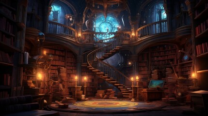 A secret chamber hidden beneath a library, lined with shelves holding scrolls and manuscripts protected by ancient enchantments. Soft torchlight s the hidden knowledge within
