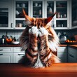 A broken cat sits at the kitchen table. The redheaded Maine coon makes a facepalm gesture. Meme cat illustration. Digital art.