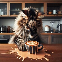 Cat Makes Facepalm Gesture After Spilling Cappuccino On Kitchen Table. Coffee Morning. Meme Illustration. Digital Art.