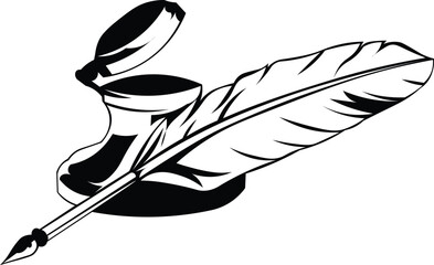 Cartoon Black and White Isolated Illustration Vector Of A Feather Quill Next to Ink Pot