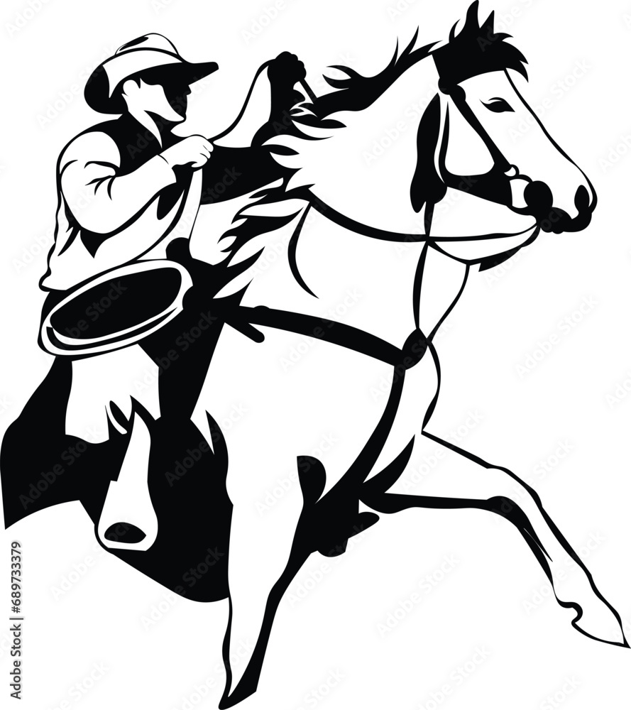 Cartoon Black and White Isolated Illustration Vector Of A Cowboy Riding ...