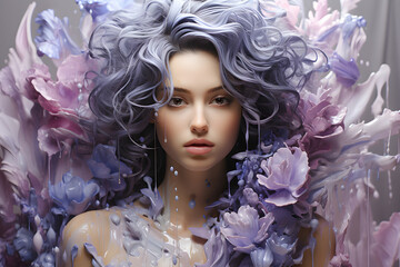 Portrait of a beautiful girl purple dyed hair decorated with flowers. Illustration