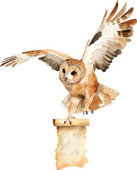 Fototapete - Flying owl watercolour illustration created with Generative AI technology