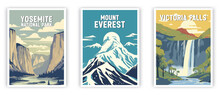 Yosemite, Mount Everest, Victoria Falls Illustration Art. Travel Poster Wall Art. Minimalist Vector Art.