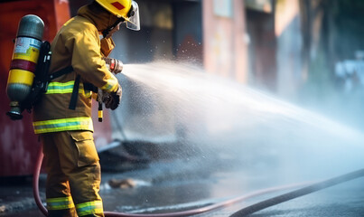 Brave Firefighter, Image of Fireman in Full Fire Fighting Gear Ready for Emergency Response.