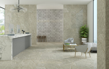 Luxury Office reception area with waiting room interior with beige marble and grey sofa, wooden coffee table, book shelf, two computers and other decorative stuff to enhance the view. 3D Rendering