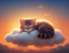 Illustration Of A Cute Little Smiling Kitty Sleeping On A Cloud, With Closed Eyes, In A Warm Sunset Atmosphere. Generative AI
