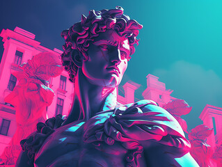 Wall Mural - Greek god sculpture in retrowave city pop design, vaporwave style colors