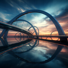 Sticker - A modern bridge with reflections in the calm water below.